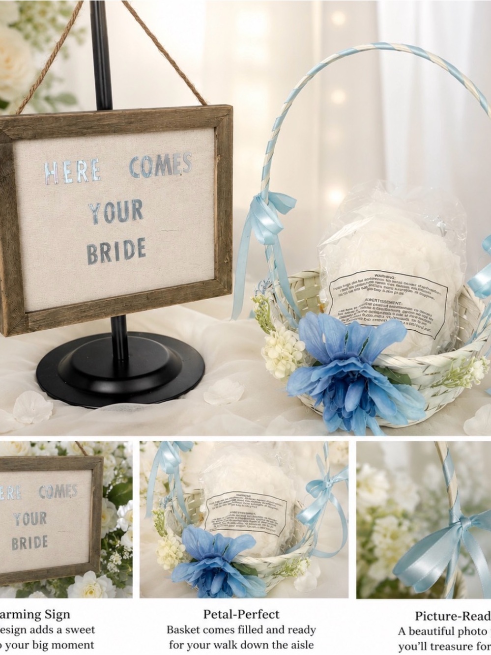 Flower Girl Basket with Blue Ribbon and Blue Floral Accent and sign Dusty Blue